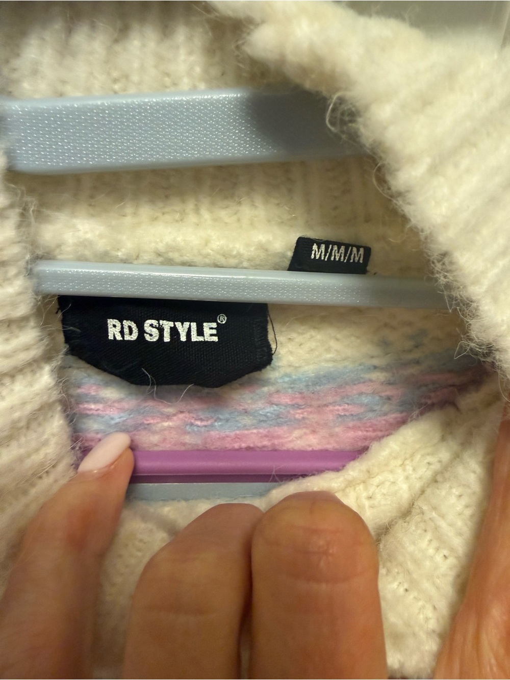 RD Style Cream Fair Isle Mock Neck Sweater with Pastel Pink and Blue Accents - Picture 6 of 7